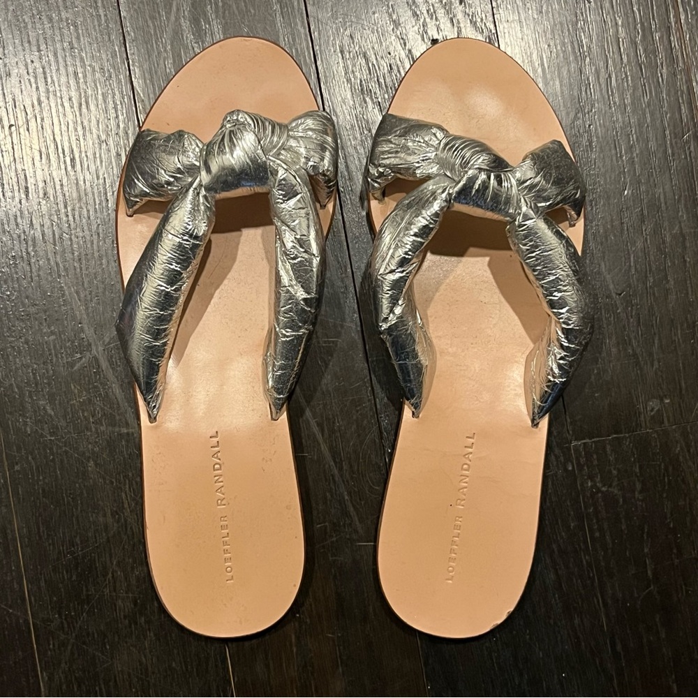 Loeffler Randall Silver Knotted Sandals Slides size 8-9 shiny metallic chic!